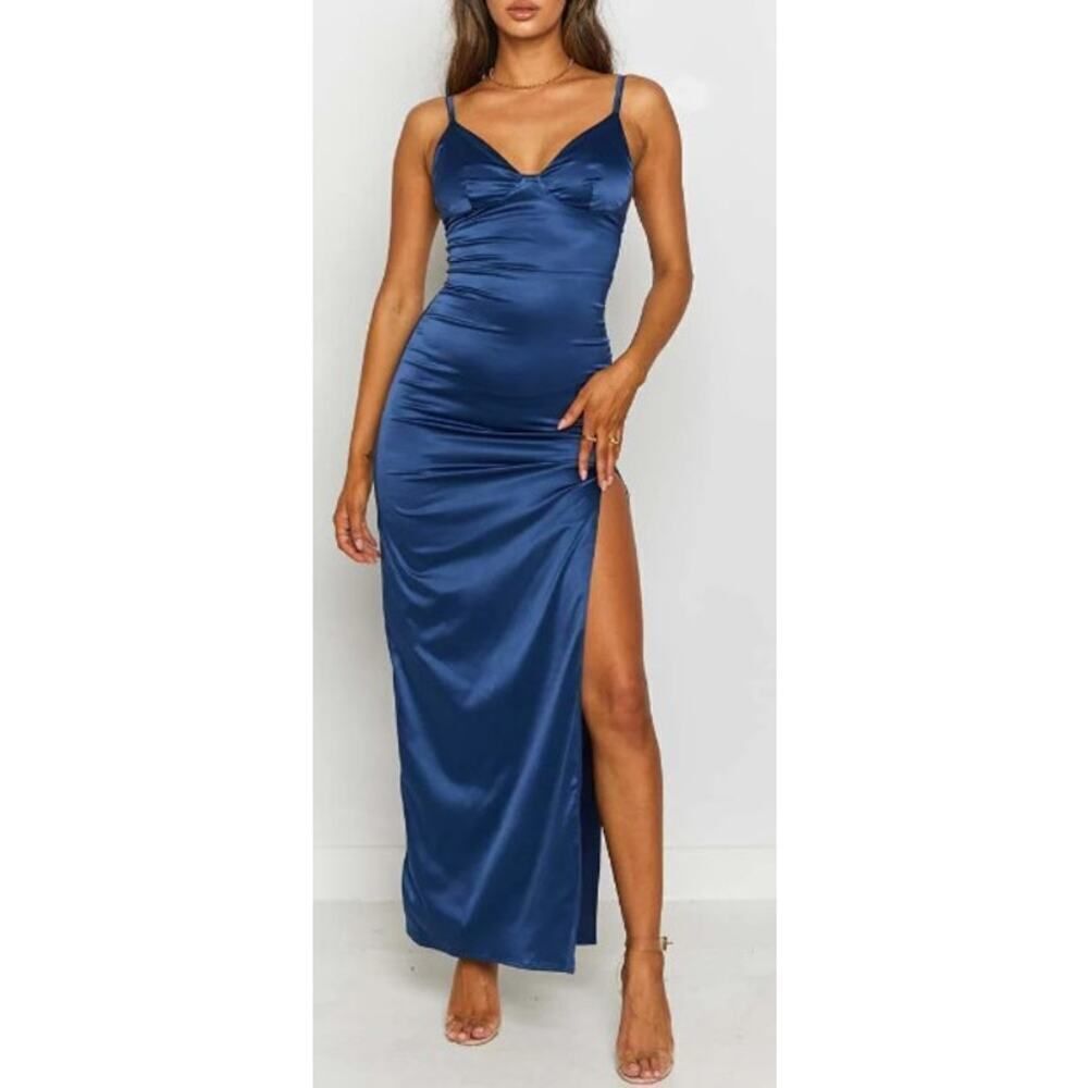 Beginning Boutique Blue Satin Maxi Dress